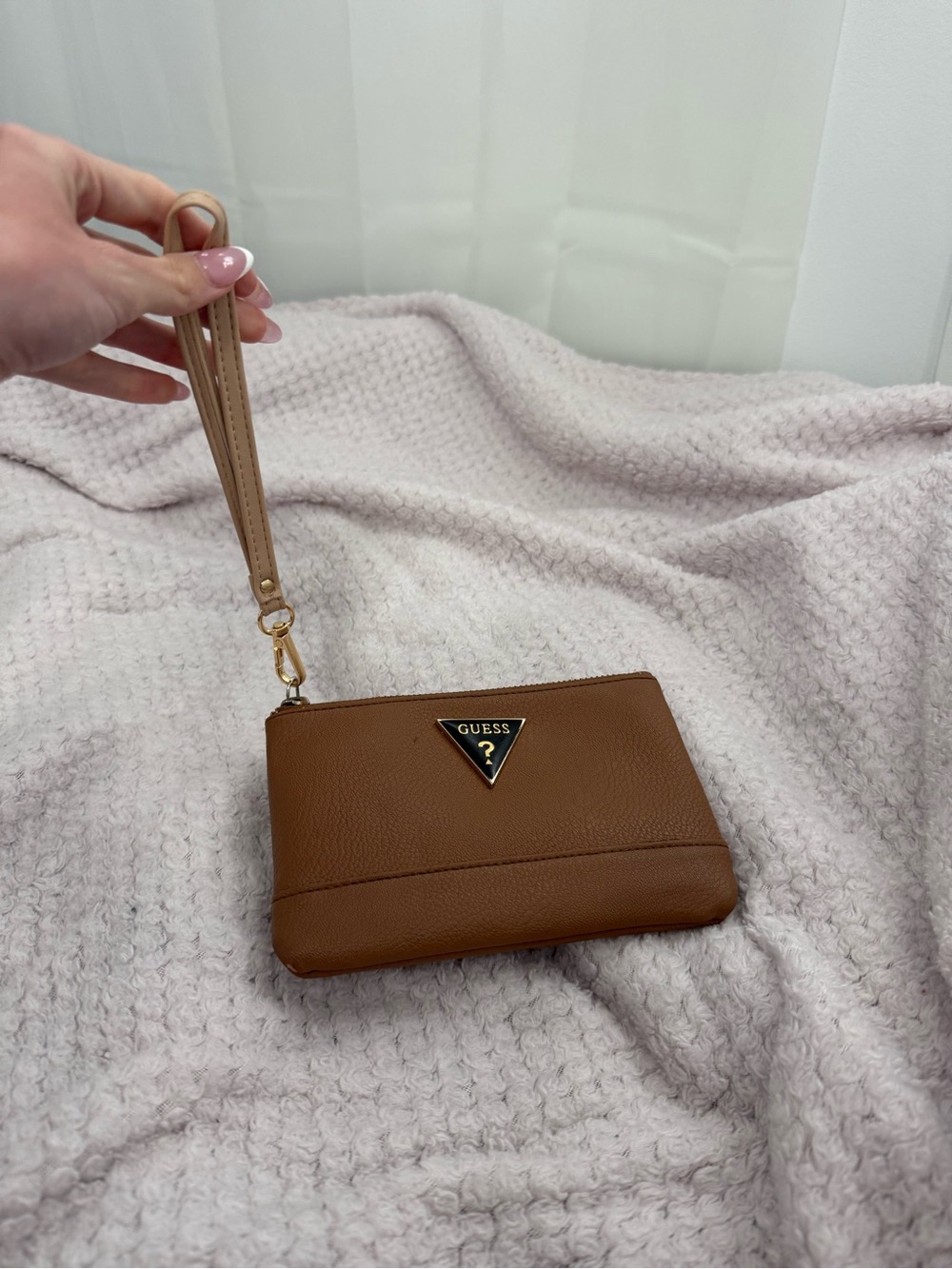 GUESS Tan Leather Wristlet with Gold Logo